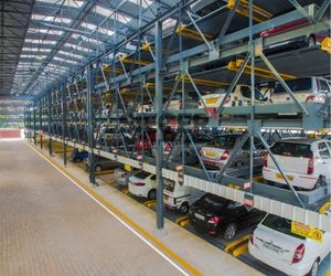 Large-scale puzzle parking system in Coimbatore with 342 car spaces for healthcare use
