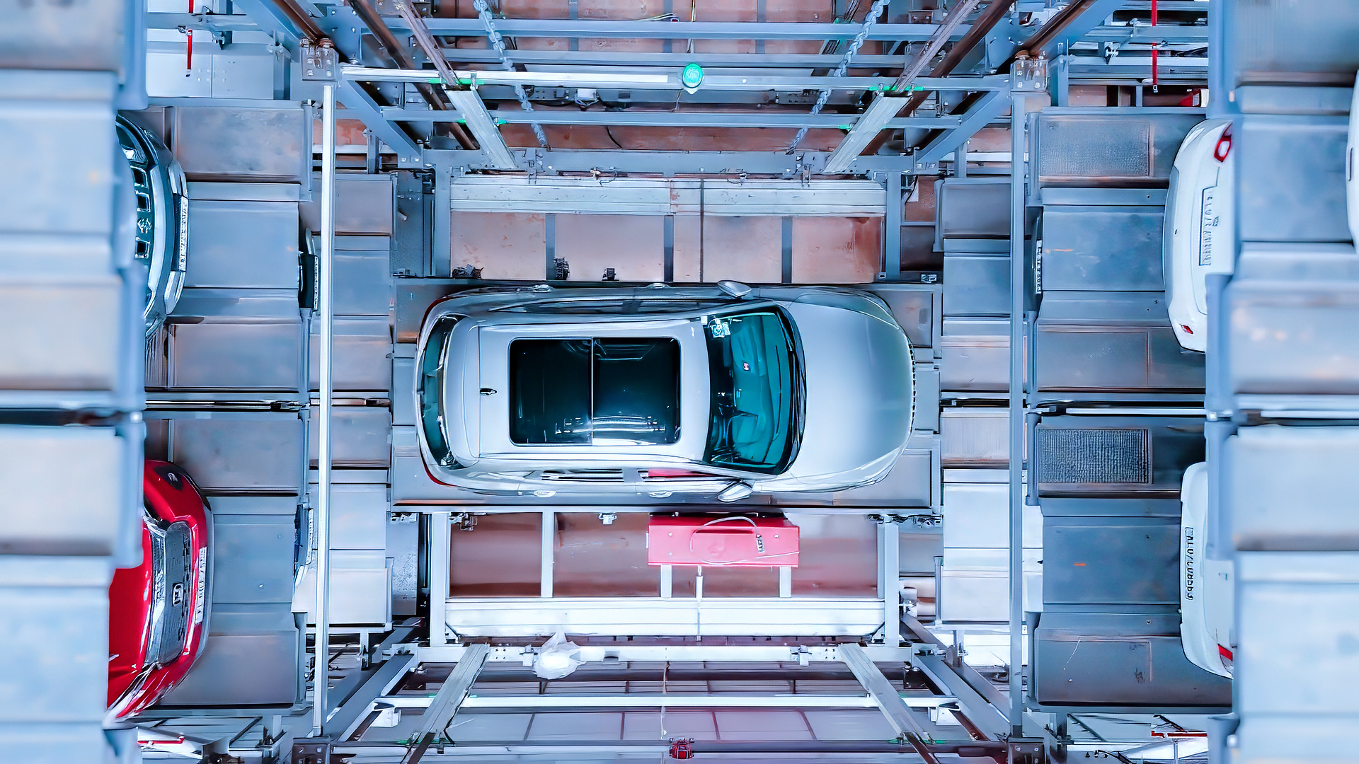 Top view of an H-Cart tower parking system at a hospital campus with horizontal cart-based storage